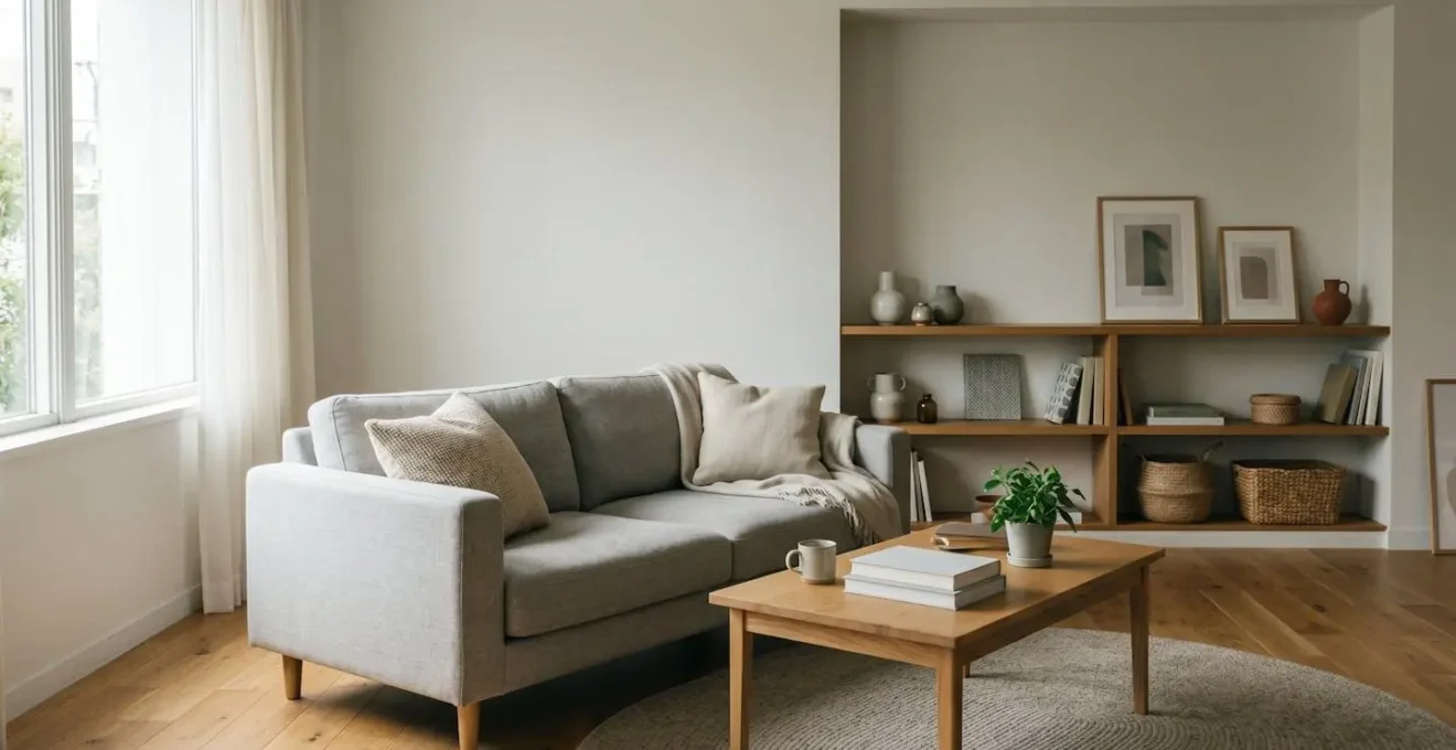 Vue d'ensemble minimaliste d'un intérieur domestique avec mobilier et objets personnels pour inventaire