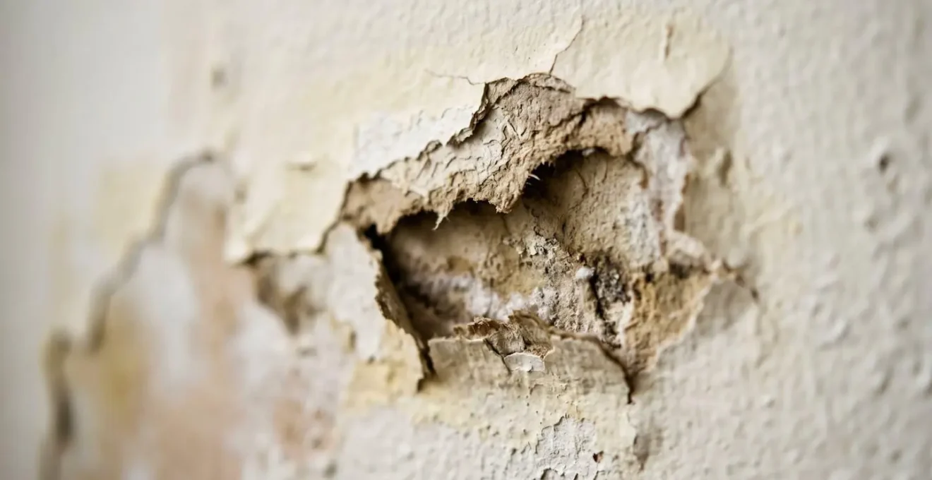 Gros plan sur un mur présentant de la peinture écaillée et des traces d'humidité après un dégât des eaux