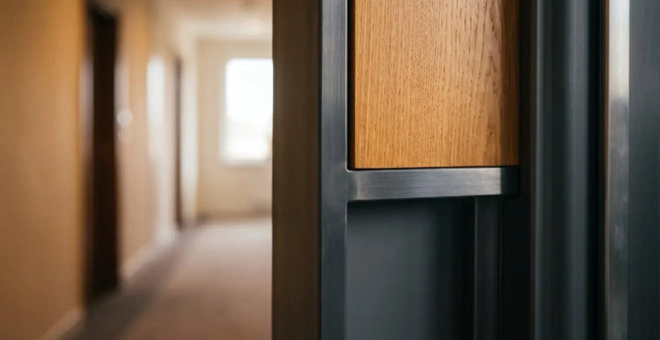 Détail d'une porte blindée à panneau personnalisable s'intégrant harmonieusement dans un palier de copropriété avec finition bois