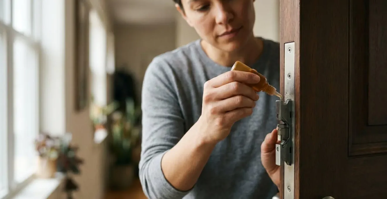 Gros plan sur le mécanisme d'une serrure multipoints de porte blindée montrant les détails techniques nécessitant un entretien régulier