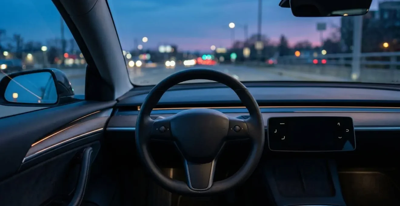 Tableau de bord automobile moderne avec instrumentation numérique dans une ambiance crépusculaire