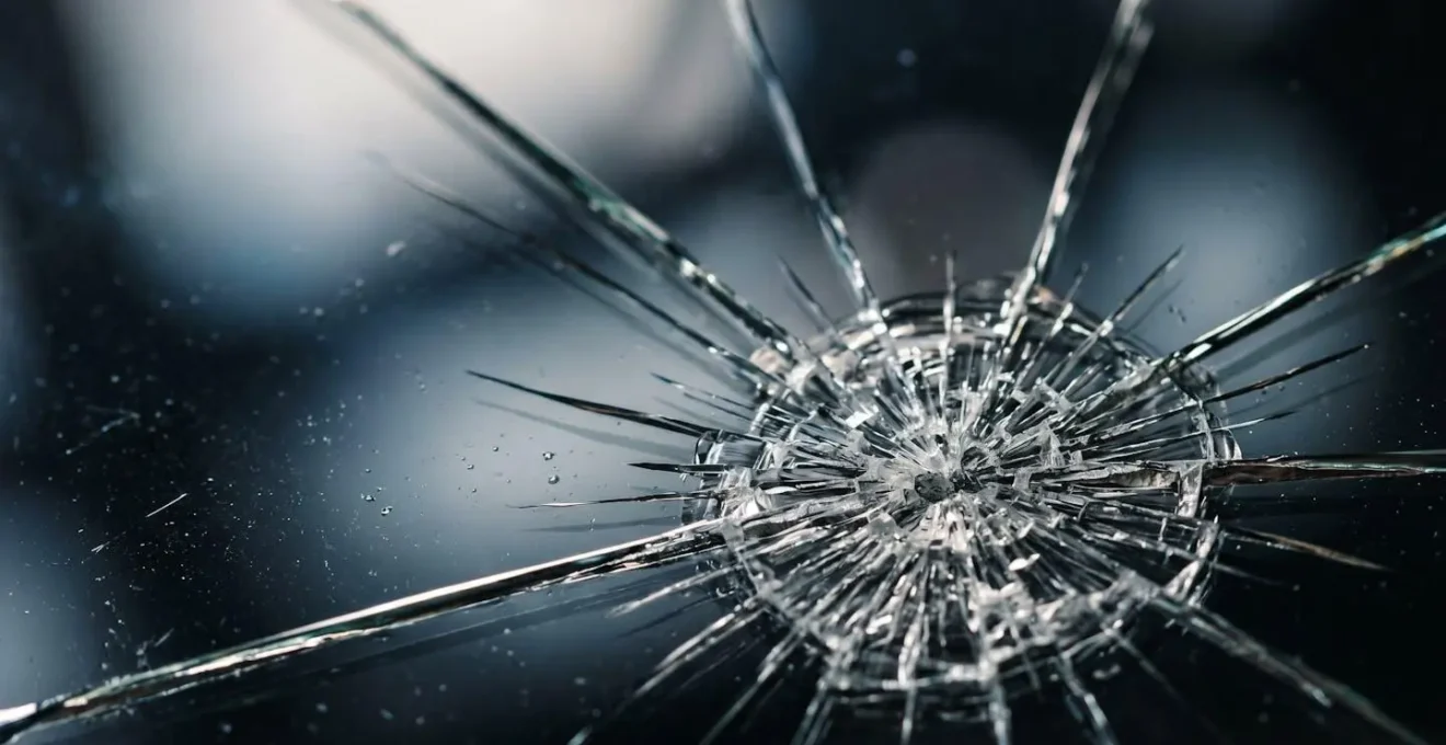 Gros plan macro sur impact et fissures dans du verre révélant la fragilité des surfaces vitrées