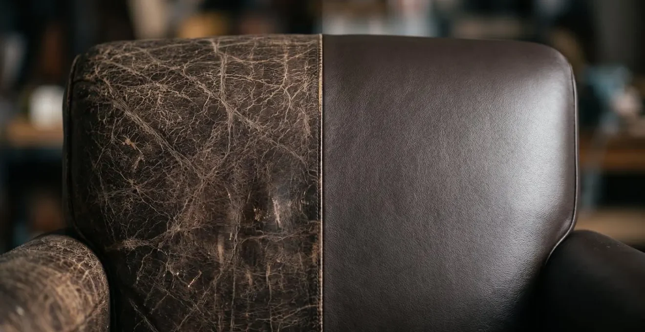 Comparaison visuelle entre la surface d'un meuble ancien patiné et celle d'un meuble neuf, illustrant la dépréciation par la vétusté